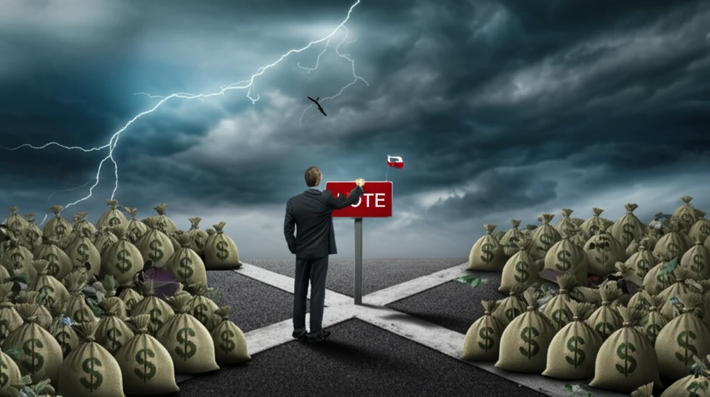 A voter at a crossroads, symbolizing the choice between economic needs and political loyalty.