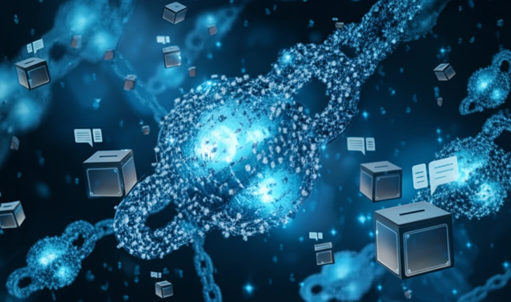 Blockchain vote delegation illustration showing balance and nodes.