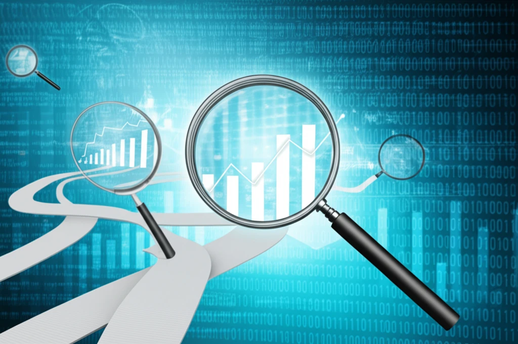 Economic charts with magnifying glasses over data