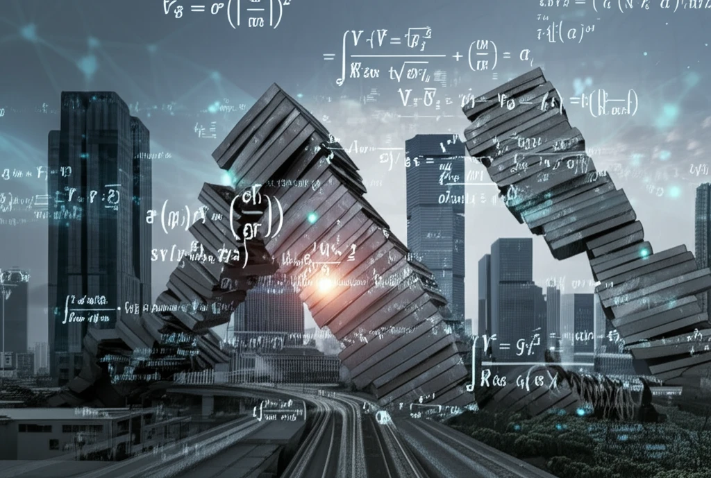 Futuristic cityscape with shifting buildings and glowing equations, symbolizing economic forecasting with MIO.