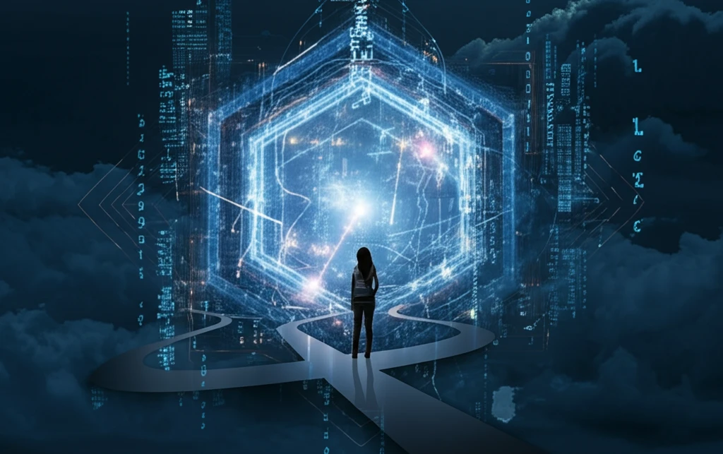 Person at a crossroads of choices, surrounded by data streams.