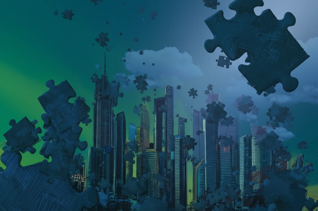 Surreal cityscape formed by a jigsaw puzzle, symbolizing economic data uncertainty.