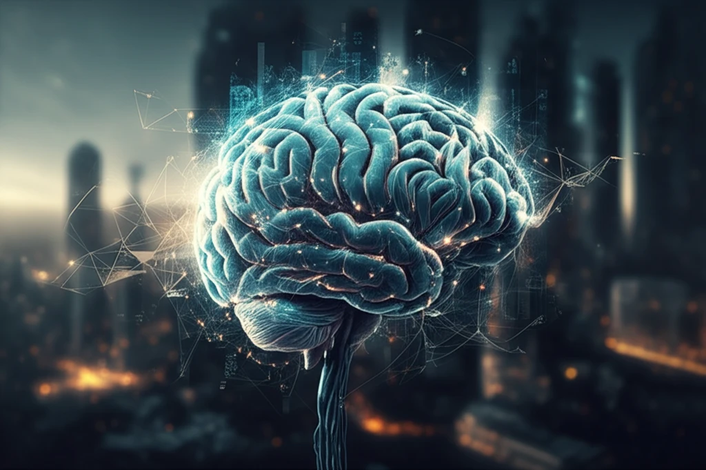Brain intertwined with data streams representing Bayesian belief updating.
