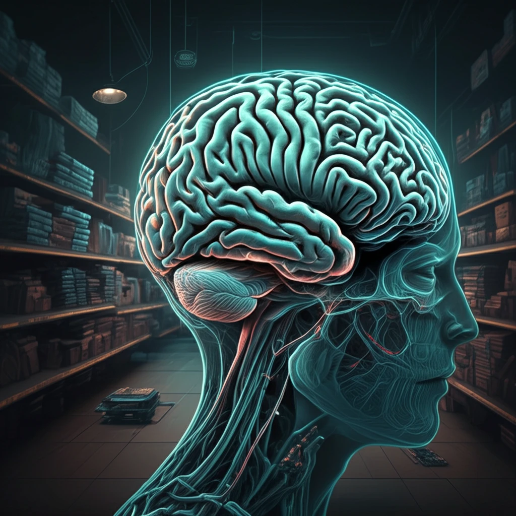 Retail store with products forming customer's brain outline, symbolizing personalization.