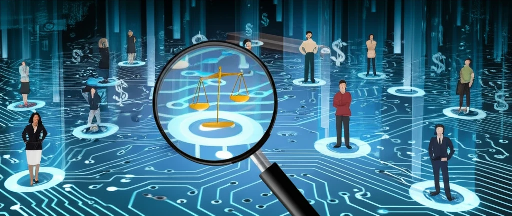 Surreal illustration of a complex algorithm with circuits, dollar signs, and people, symbolizing algorithmic fairness and regulation.