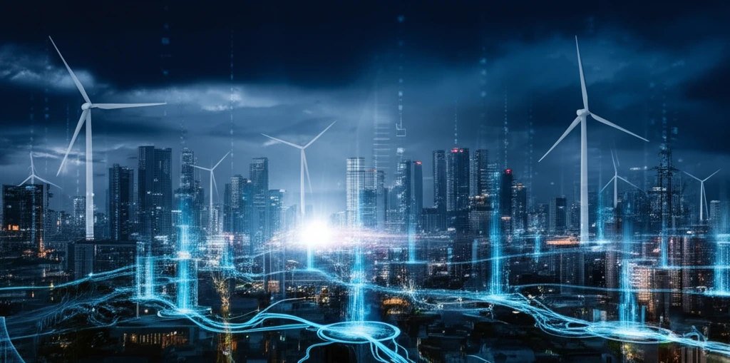 Futuristic city powered by renewable energy with reactive power network overlay