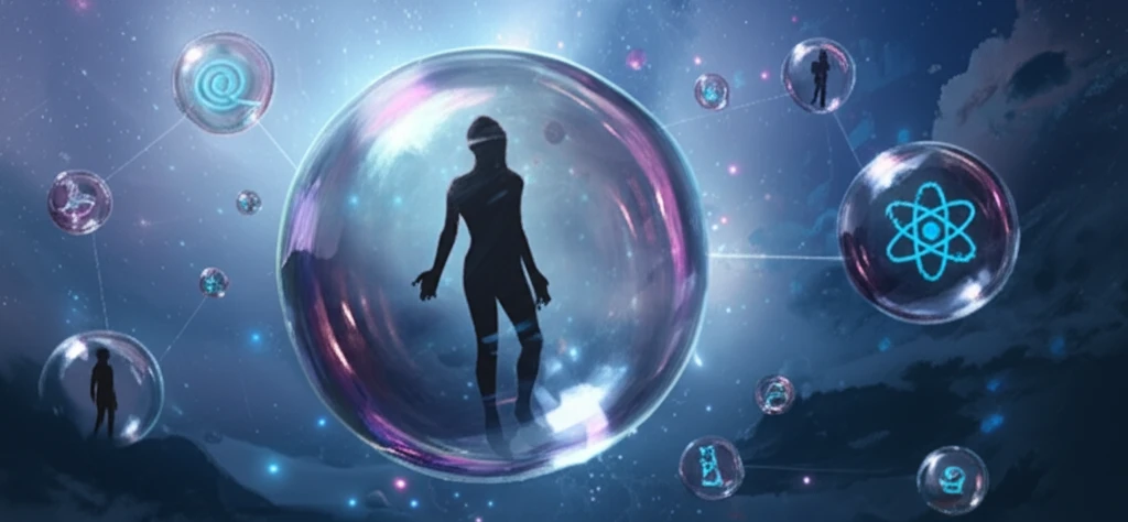 Surreal illustration of figures in individual bubbles representing isolated viewpoints in digital space.