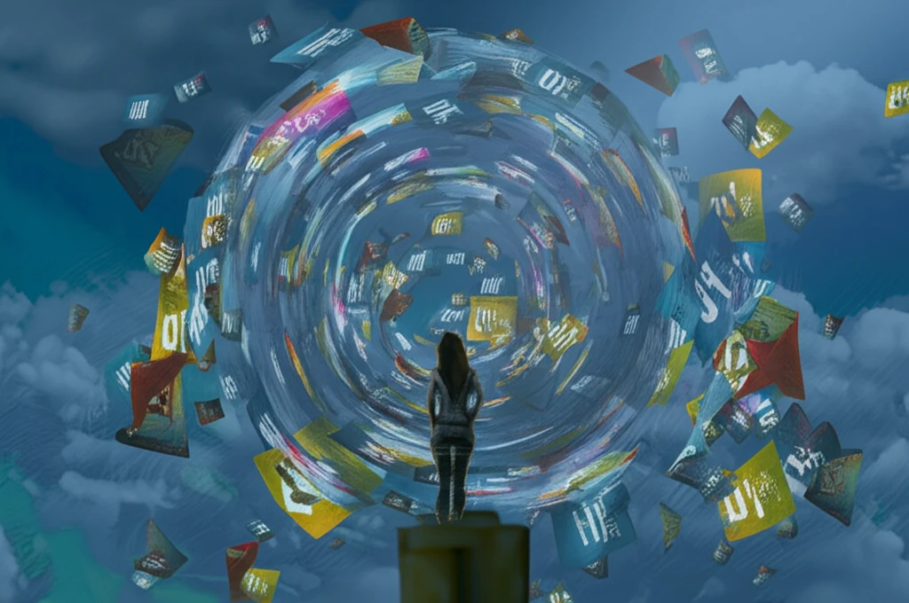 A person overwhelmed by a vortex of product labels and flashing screens, symbolizing attention overload.