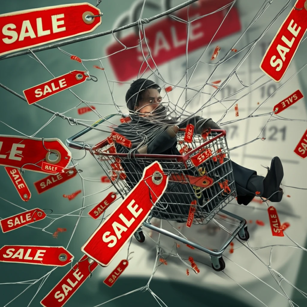 Shopper entangled in sale tags, symbolizing pressure to buy.