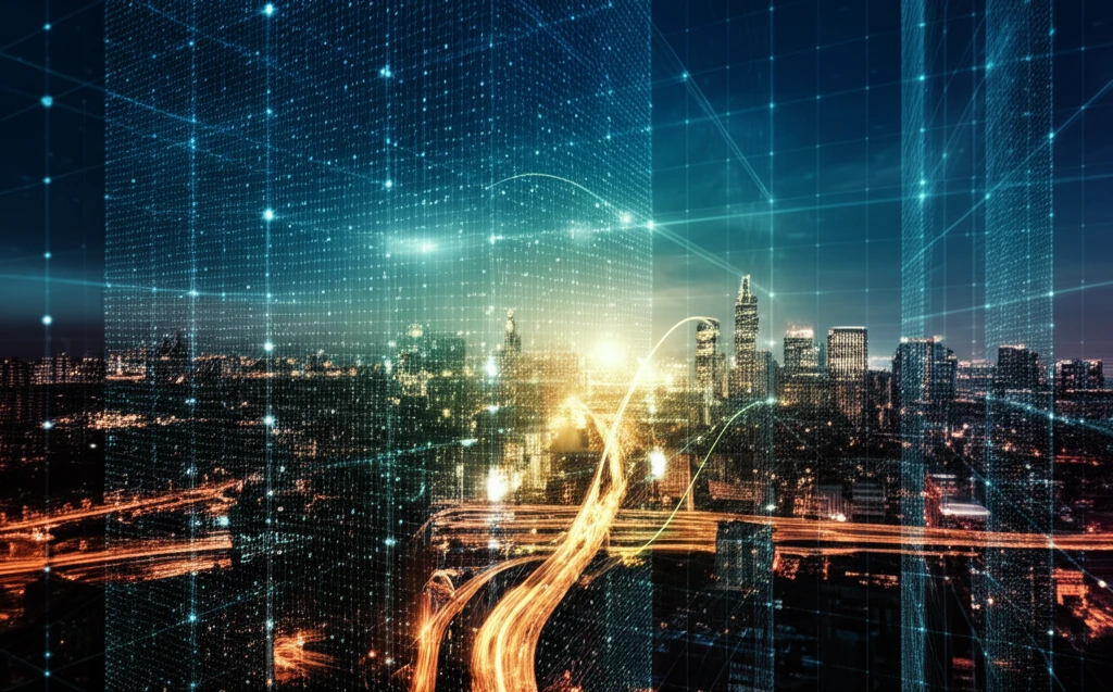Interconnected data streams forming a three-dimensional grid, representing dynamic change and trend analysis.