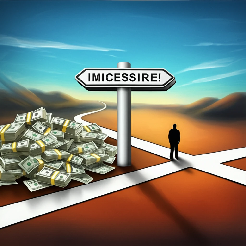 A person at a crossroads, facing a choice between immediate pleasure and long-term rewards, illustrating the concept of hyperbolic discounting.