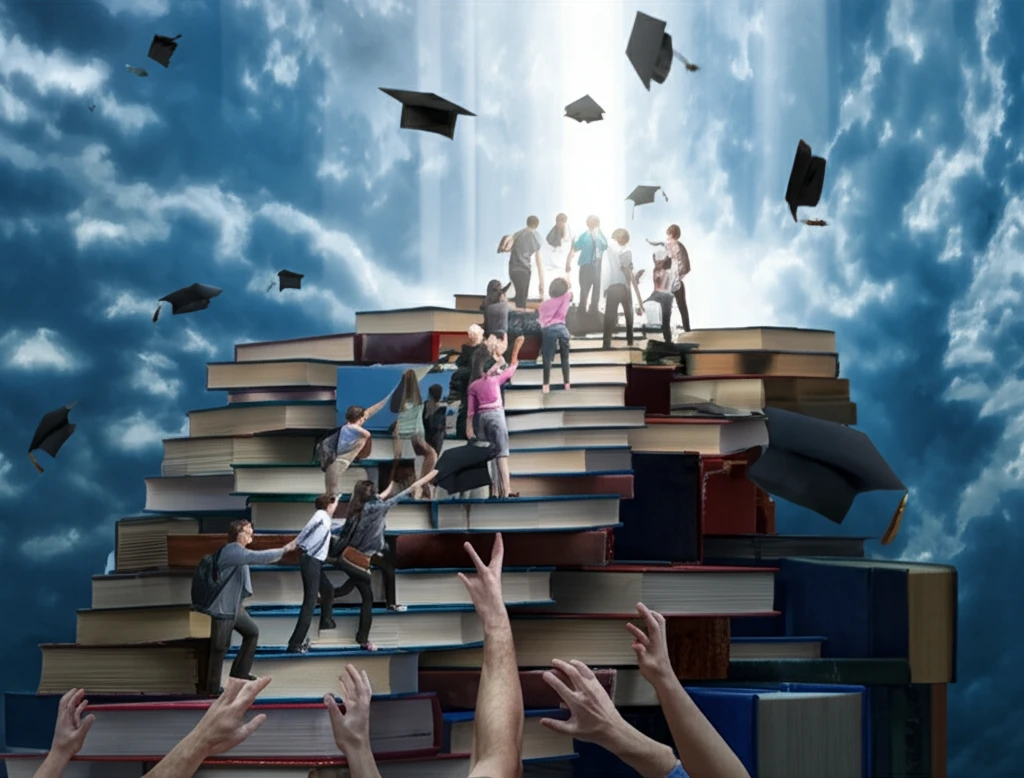 Diverse students climbing a staircase of books towards a university in the sky, symbolizing affirmative action and equitable education.