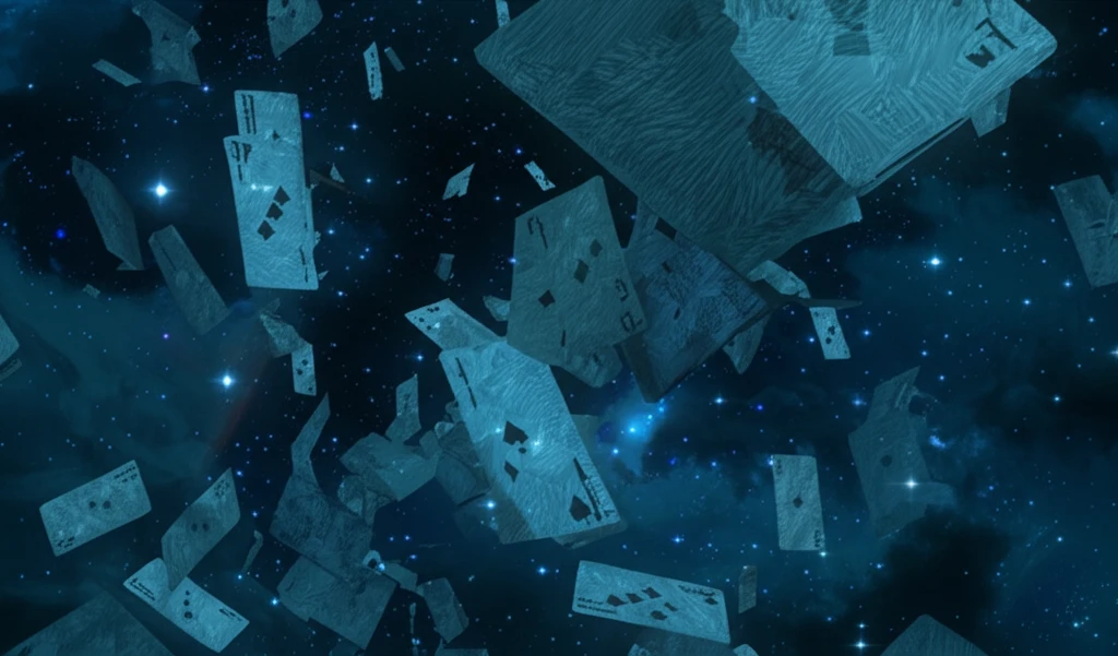 Shuffling economic data cards in space, symbolizing permutation tests.