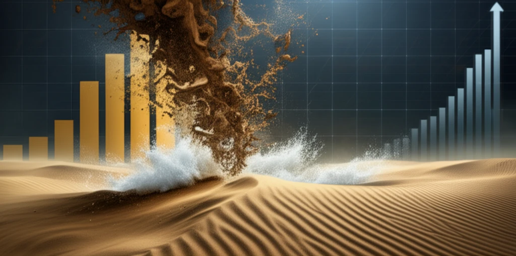 Financial chart dissolving into sand, symbolizing unreliable economic analysis.