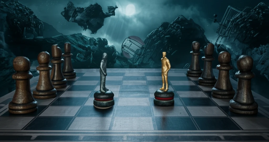 A surreal depiction of cooperation, retaliation, and forgiveness in a digital world, visualized as a board game played in a dynamic landscape.