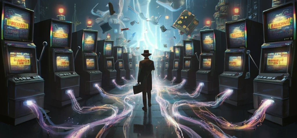 Surreal illustration of a gambler facing multiple slot machines representing strategic decision-making.