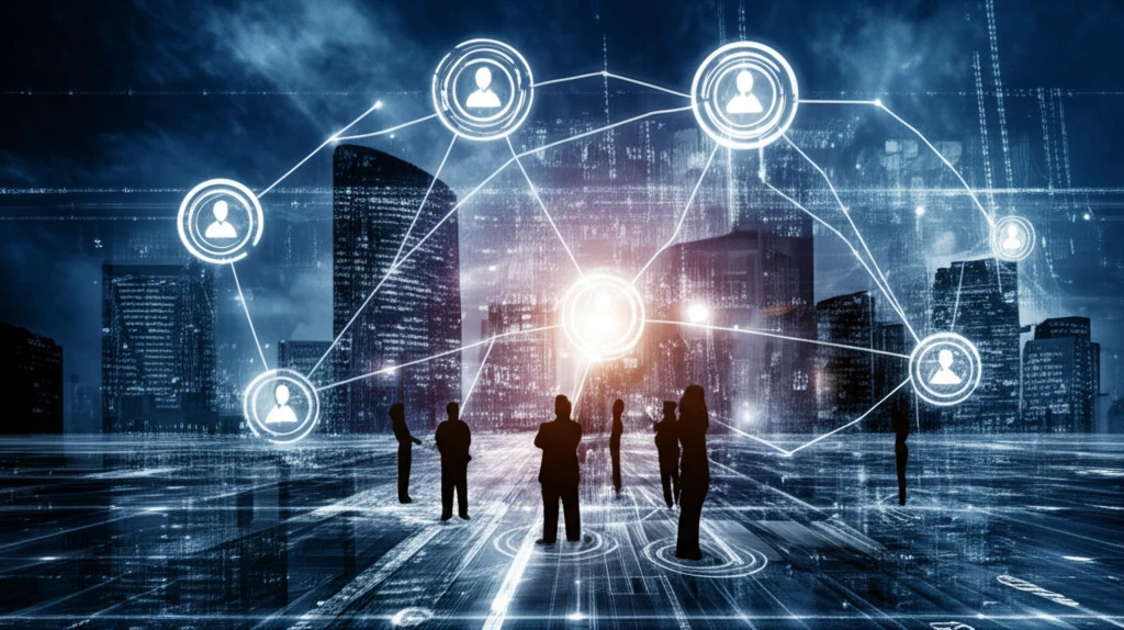 Diverse group of people connecting through glowing lines, representing knowledge exchange.