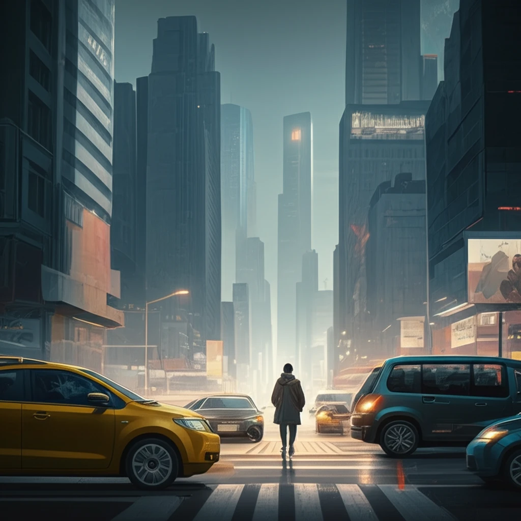 Futuristic cityscape with autonomous vehicles, human drivers, and a regulatory scale balancing equity and innovation.