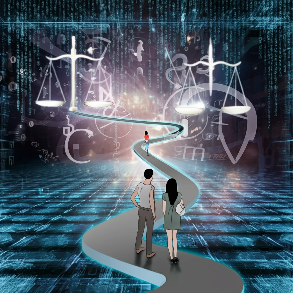A surreal digital landscape symbolizing the balance between fairness and accuracy in algorithm design.
