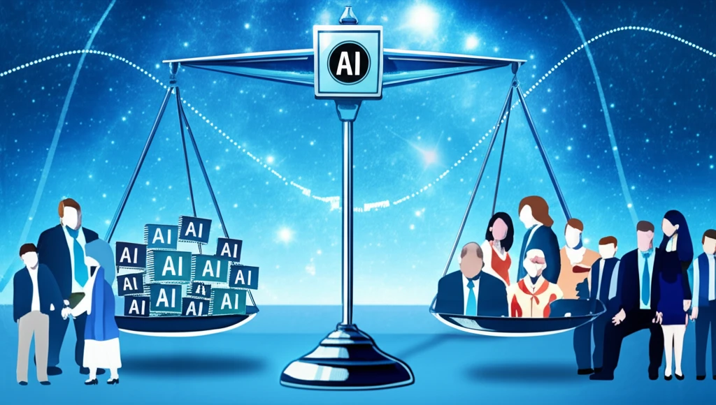 Scales of justice balanced by data points and diverse people symbolizing AI fairness.