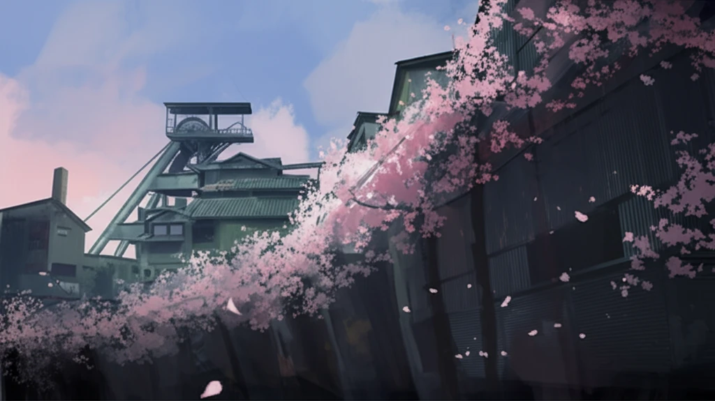 Coal mine transforming into cherry blossoms, symbolizing societal shift in Japan.