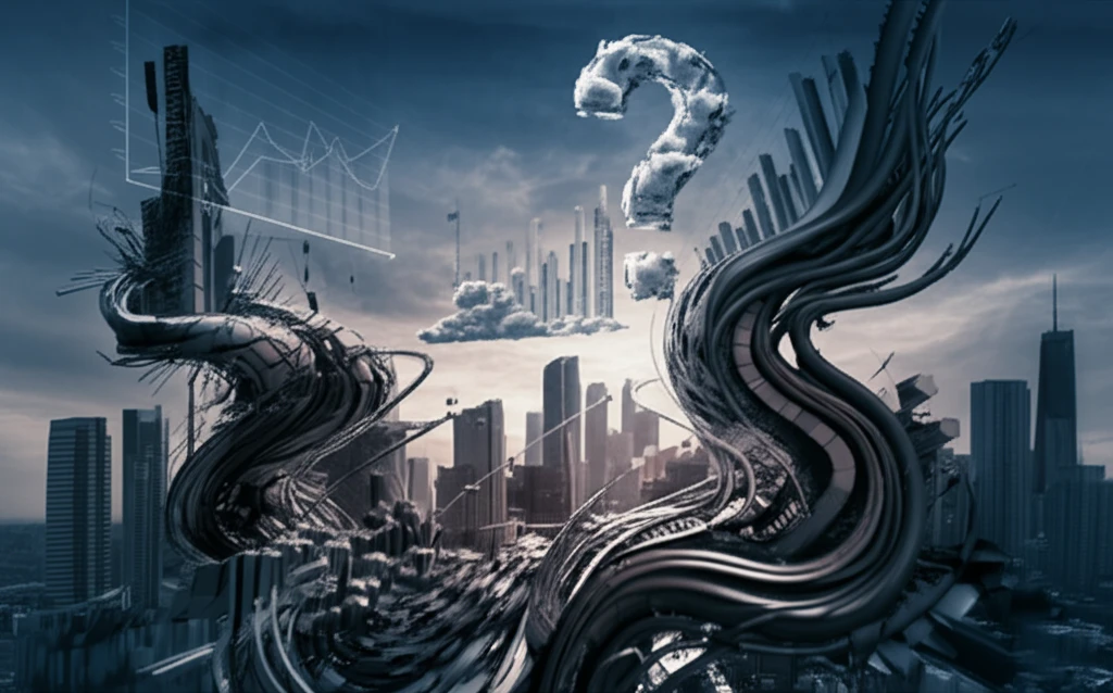 Cityscape with buildings morphing into graphs and charts.