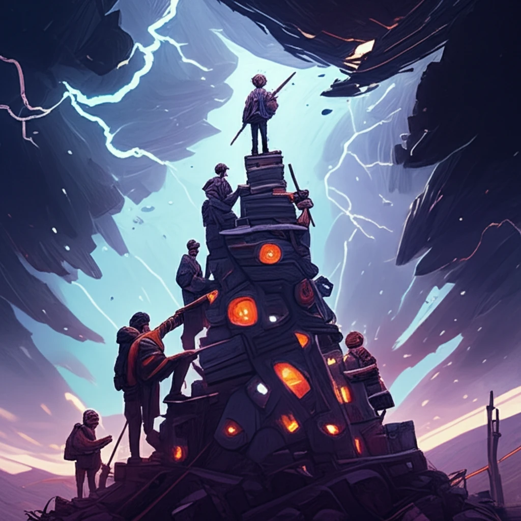 A diverse group collaborates to build a resilient structure in a storm, symbolizing the strength of cooperation.