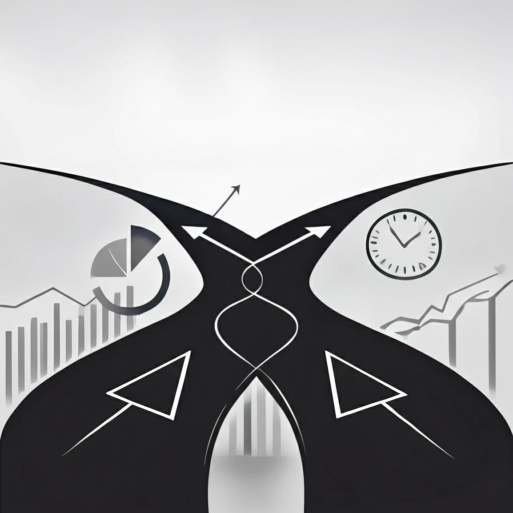 Surreal illustration of diverging paths merging, representing Difference-in-Differences analysis with time-varying covariates.