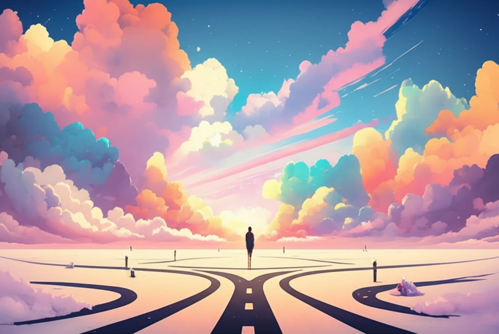 Person at a crossroads with paths filled with colorful clouds, symbolizing unobserved factors influencing decisions.