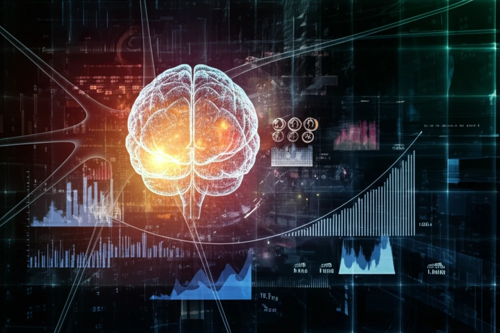 A digital illustration representing the intersection of AI and economics, featuring a neural network brain, economic data points, and the Phillips Curve.