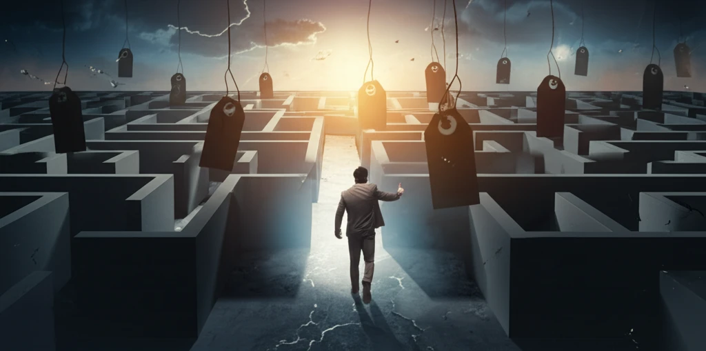 A business person navigating a maze of price tags.
