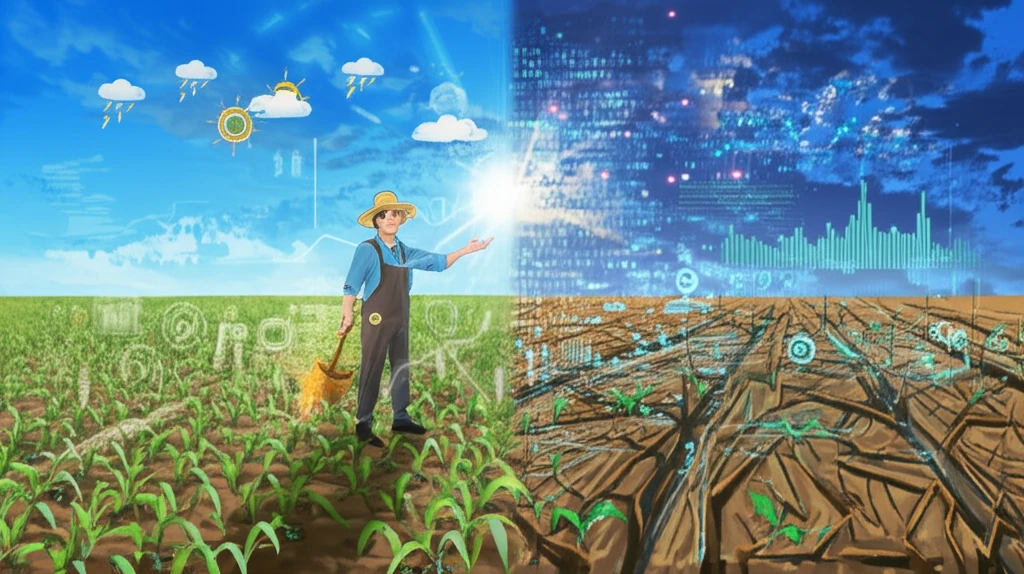 Surreal illustration of a farmer in a field, divided between accurate and distorted weather data impacts on crops.