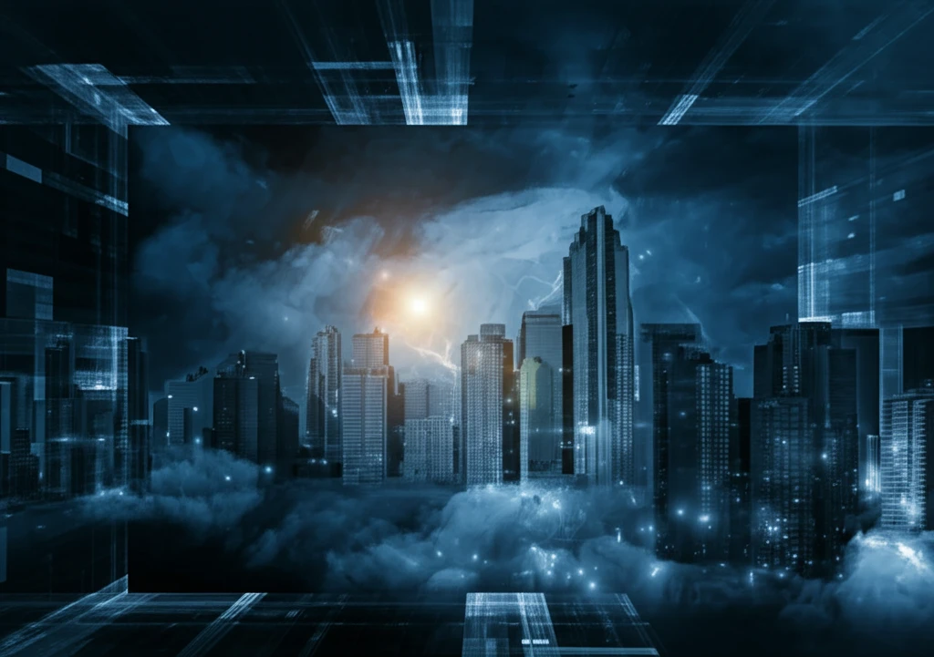 Digital veil protecting a glowing cityscape, symbolizing data privacy.