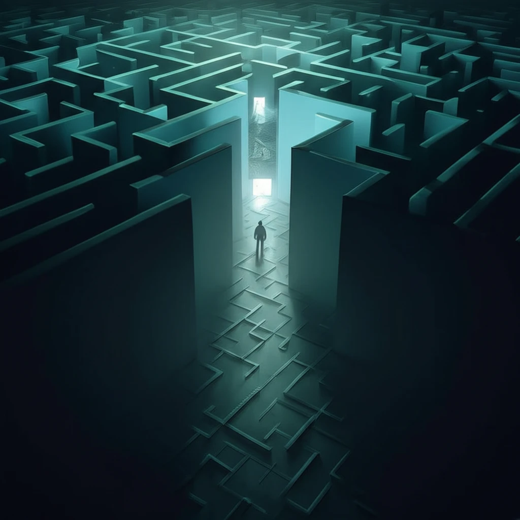 Maze representing simple economic models with a distant, distorted exit symbolizing forecasting biases.