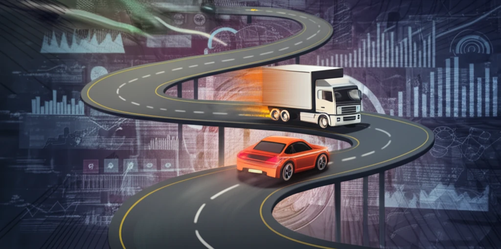 Winding road symbolizing economic modeling with a fast car overtaking a slow truck.