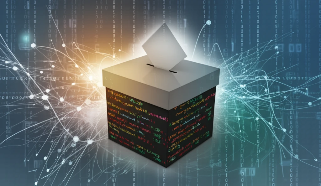 Digital illustration of a ballot box and computer code, symbolizing secure online voting.