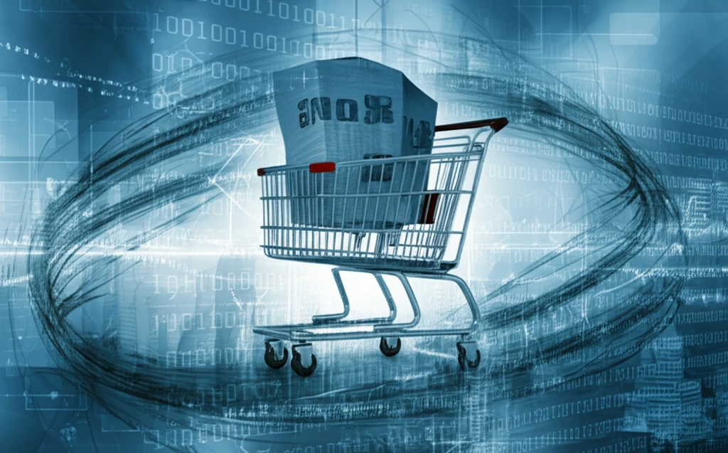 Digital illustration symbolizing consumer privacy with a veiled shopping cart and data barriers.