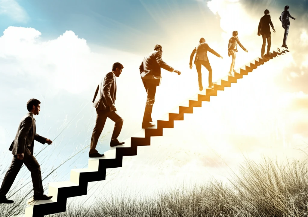 Diverse group climbing stairs towards a bright sky symbolizing affirmative action and equal opportunity.