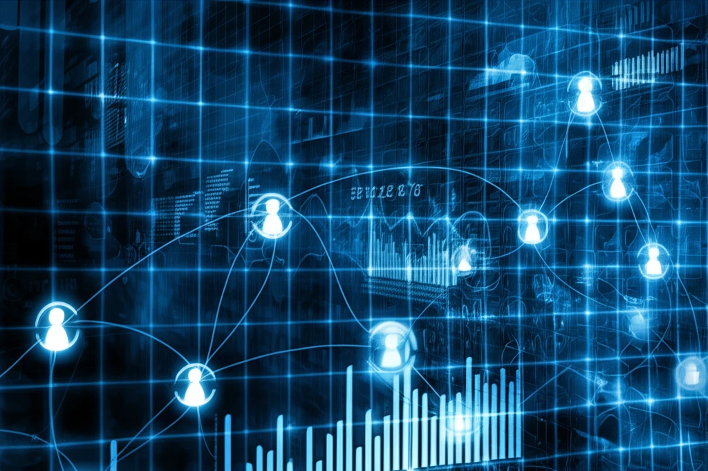 A network of interconnected nodes symbolizes the flow of influence in economic data.