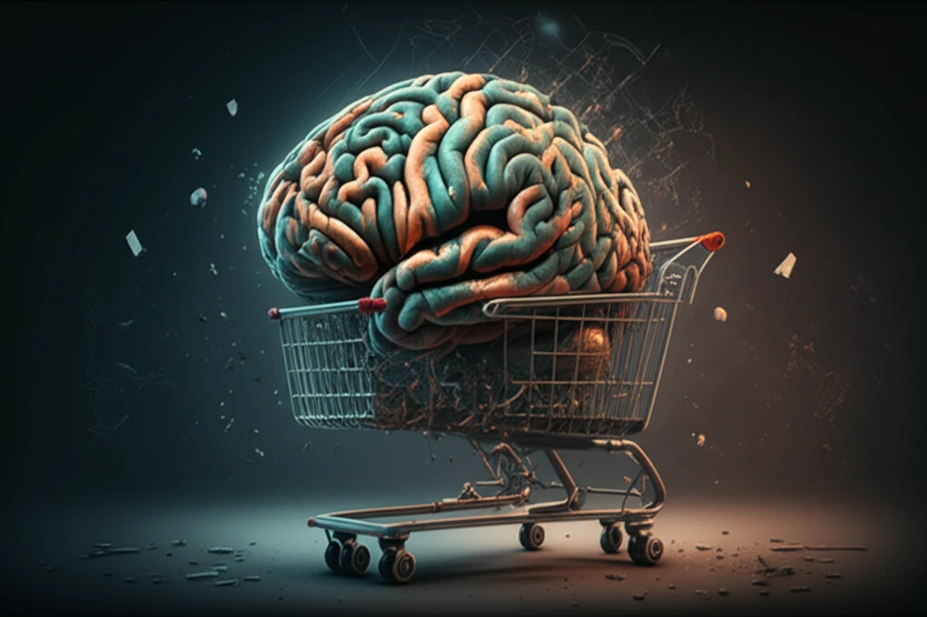 Surreal illustration of shopping cart transforming into a brain, representing integrability theory.