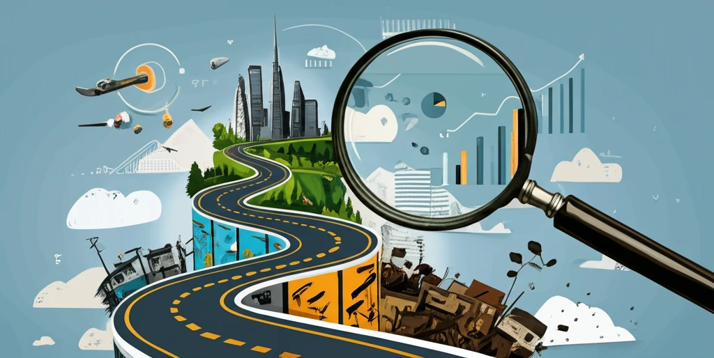 A surreal cityscape showing economic inequality, visualized through a winding road and contrasting wealth levels.