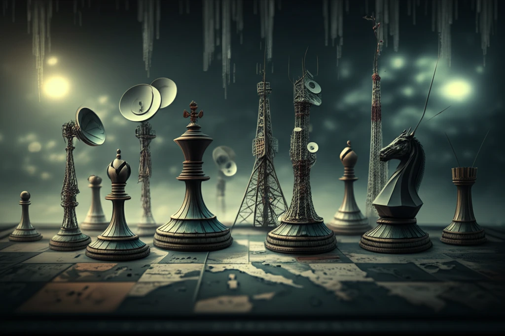 Radio towers as chess pieces on a map symbolizing spectrum auctions.