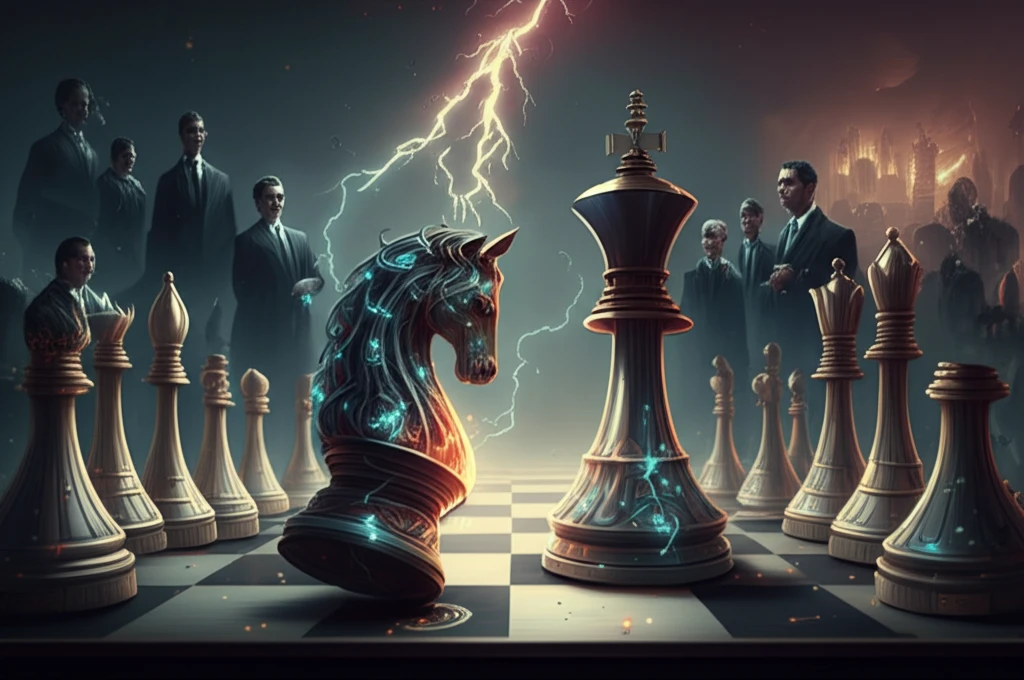 Intertwined game pieces on a glowing chessboard, representing strategic game dynamics.