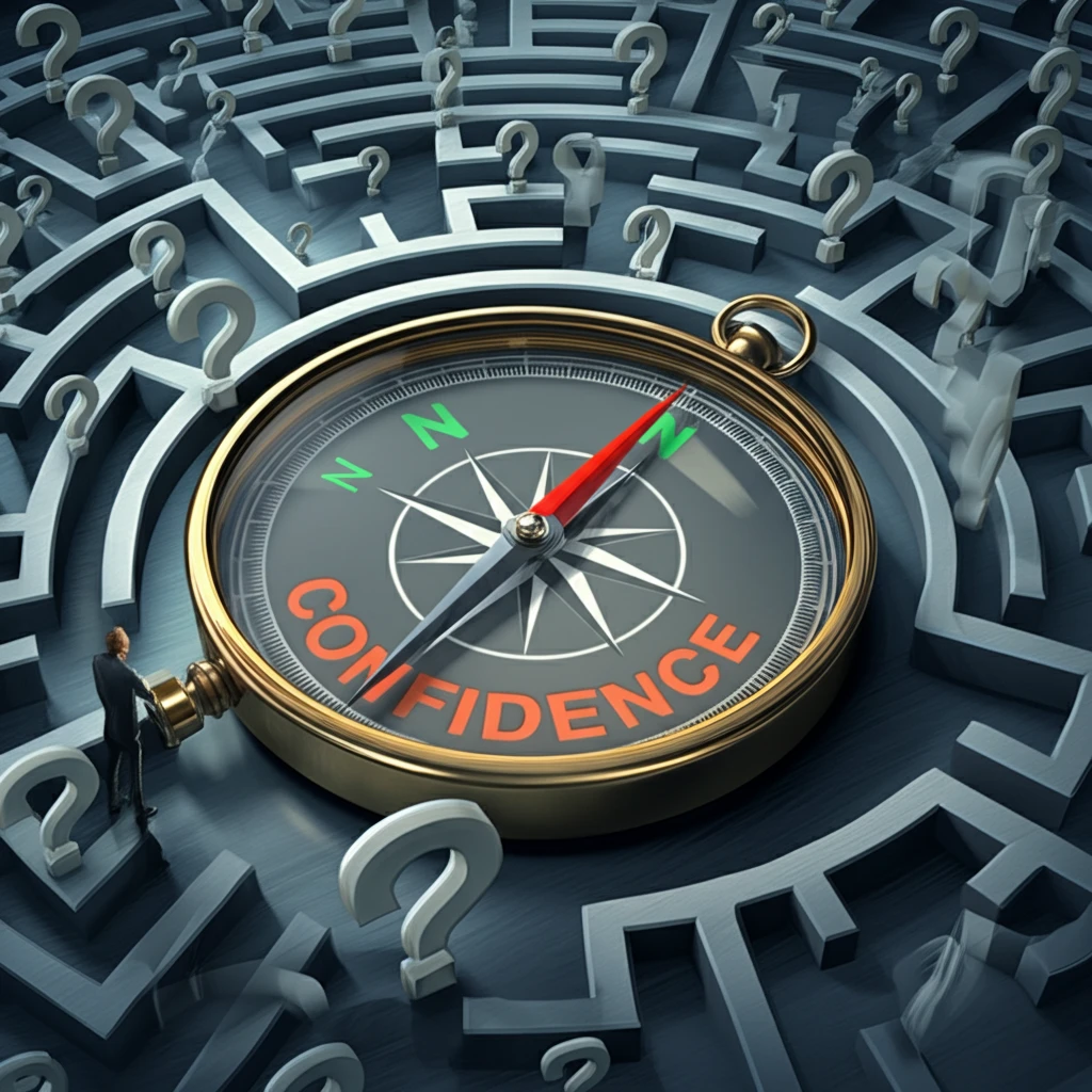 Economist navigating a maze of uncertainty with a confidence compass.
