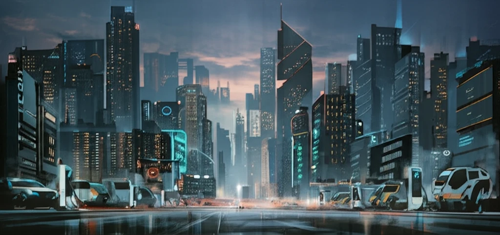 Futuristic city with electric vehicles and charging stations.