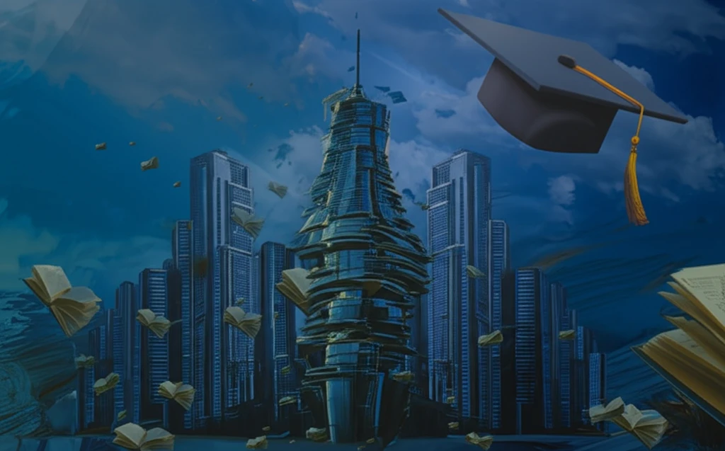 Books morphing into skyscrapers, graduation cap floating.