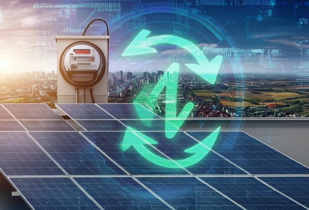 Solar panels with a meter running forward and backward.