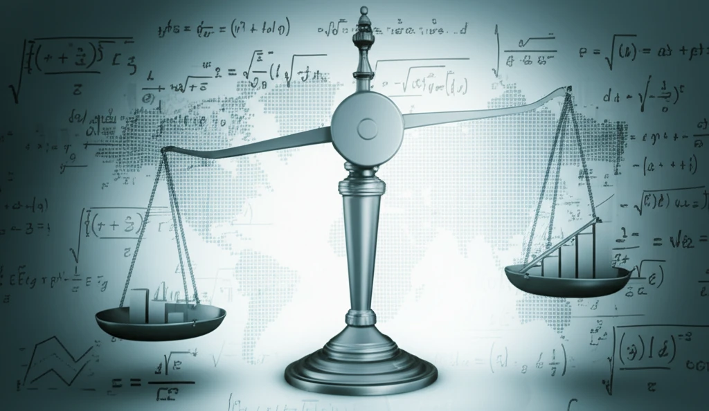 Weighing scales balancing equations and a simplified graph, symbolizing economic models.