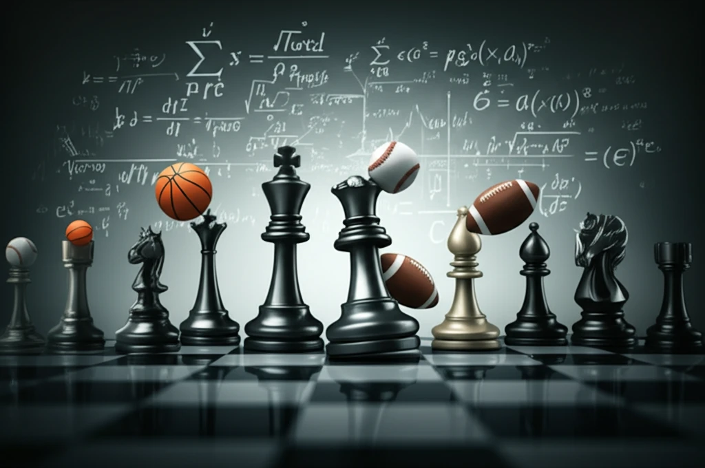 Chessboard with sports equipment pieces battling, mathematical equation floating above.