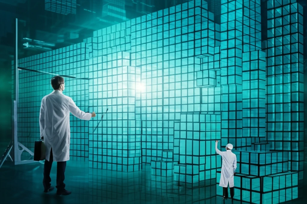 Surreal illustration of research building blocks with a statistical hurdle.